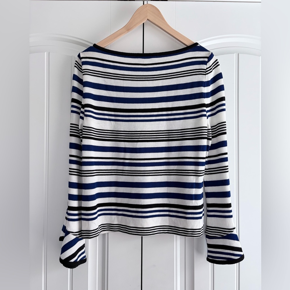 St. John Collection Striped V Neck Long Sleeve Top Bell Cuffs Women's Size 10 - Picture 5 of 8